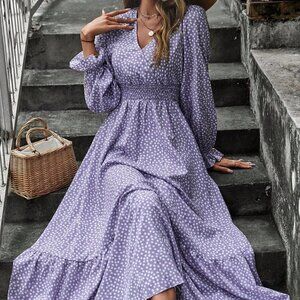Purple Boho Womens Ditsy Floral Print Flounce Sleeve Shirred Dress